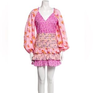 LoveShackFancy Long Sleeve Tiered Ruffle Floral Printed Mini Dress - Pink